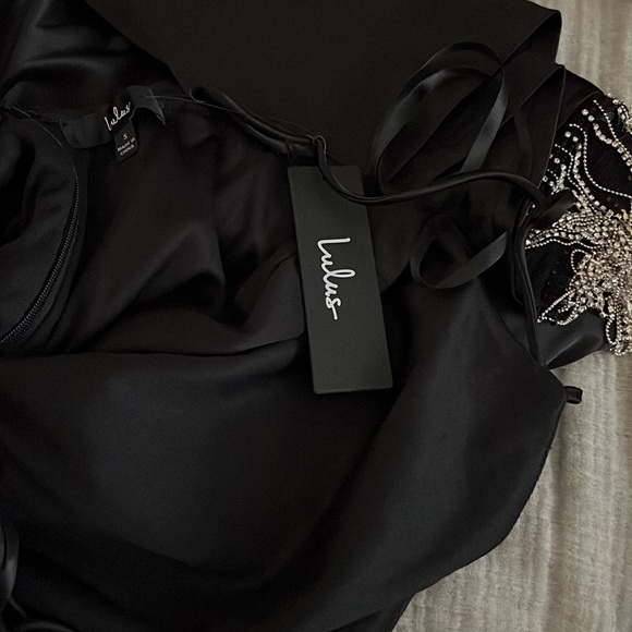 Lulus Strobe Lights Black Satin Rhinestone Fringe Mini Dress NWT - Picture 14 of 14